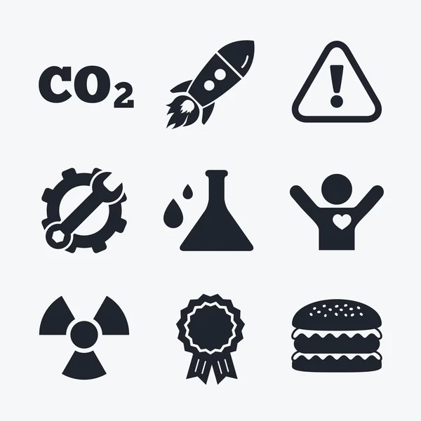 De pictogrammen van de straling van de aandacht. Chemie kolf. — Stockvector