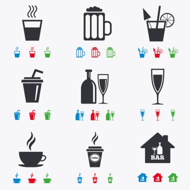 Kokteyl, bira simgeler. Kahve ve çay içecek.