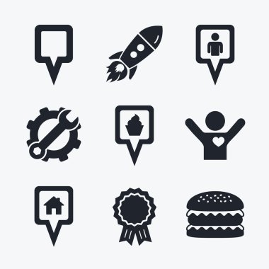 İşaretçi simgeleri göster. Ev, yiyecek ve kullanıcı konumu.