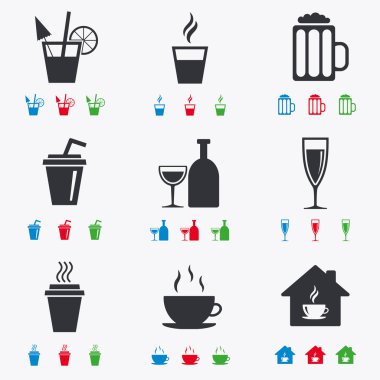 Çay, kahve ve bira simgeler. Alkollü içecekler.