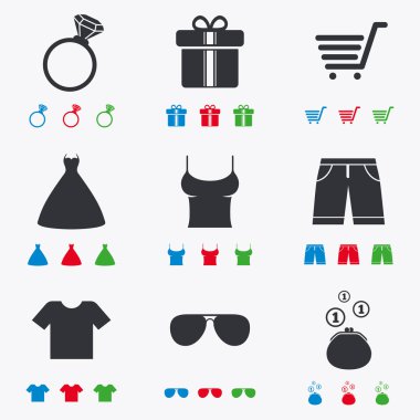 Kıyafetler, aksesuarlar simgeler. Alışveriş işaretleri.
