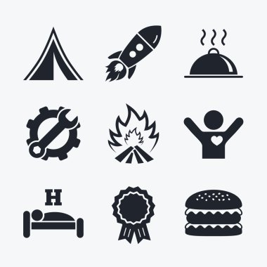 Hot food, sleep, camping   and fire signs.