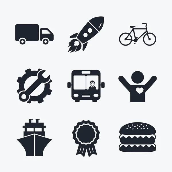 Iconos de transporte. Camión, Bicicletas, Autobús — Vector de stock
