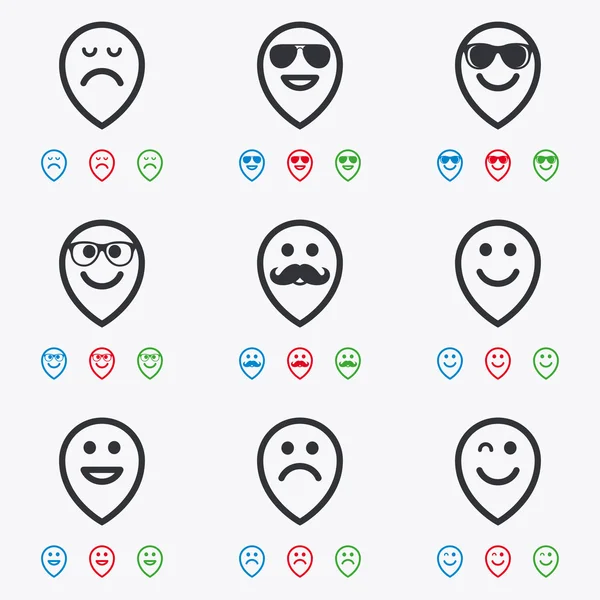 Icônes souriantes. Lunettes de soleil, moustache et rires . — Image vectorielle