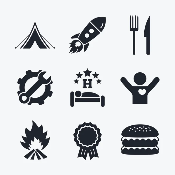 Yemek, uyku, kamp ve yangın işaretleri. — Stok Vektör