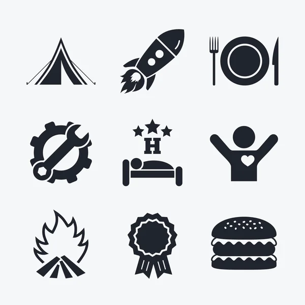 Carteles de comida, sueño, camping y fuego . — Vector de stock