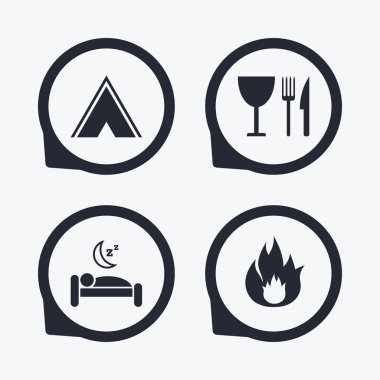 Yemek, uyku, kamp çadır ve yangın işaretleri.