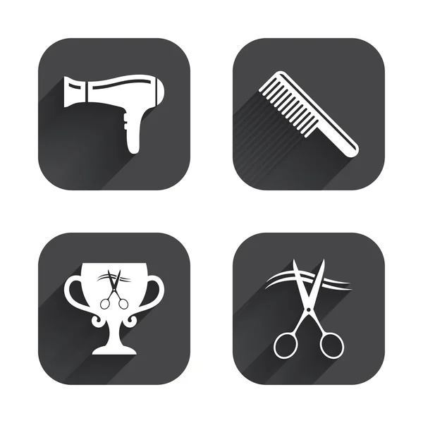 Hairdresser icons. Scissors cut hair — Stock Vector
