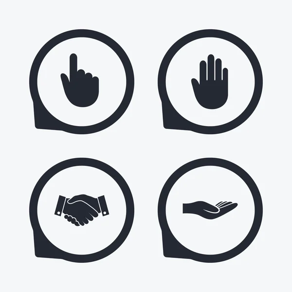 Iconos de mano. apretón de manos y haga clic aquí símbolos . — Archivo Imágenes Vectoriales