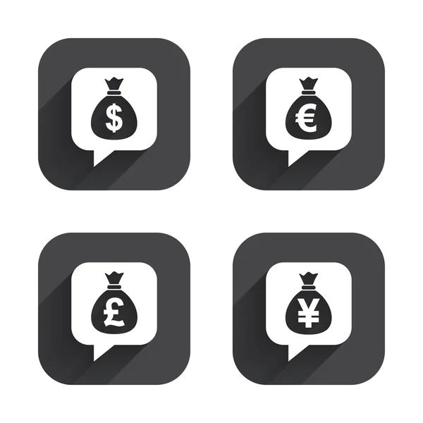 Money bag icons. Dollar, Euro, Pound and Yen. — Stock Vector