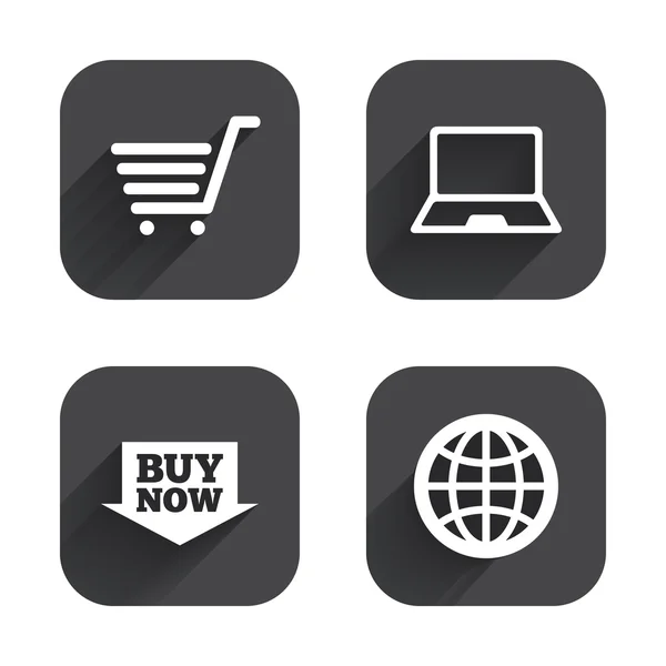 Iconos de compras en línea. PC portátil, carrito, comprar . — Vector de stock
