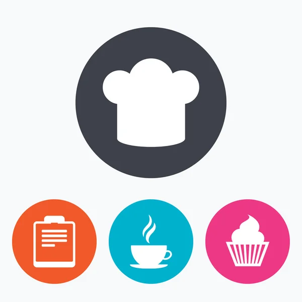 Koffie beker pictogram. chef-kok hoed symbool. Muffin cupcake — Stockvector