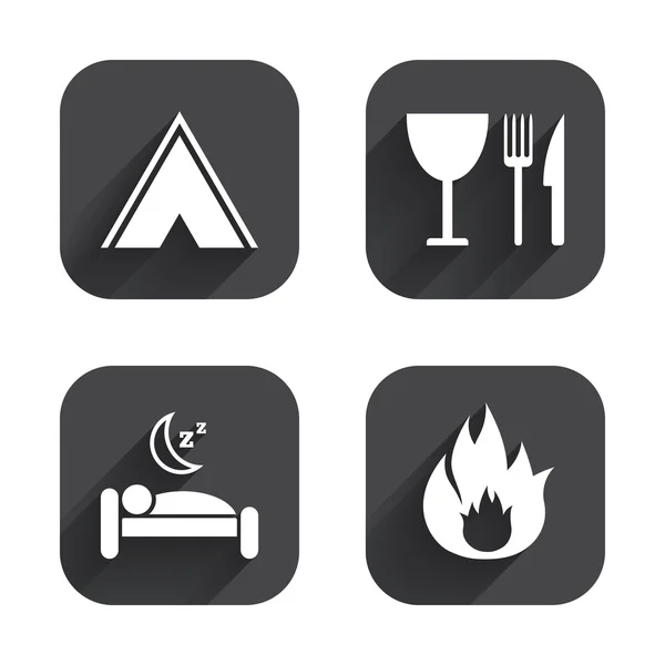 Food, sleep, camping tent and fire signs. — Stock Vector