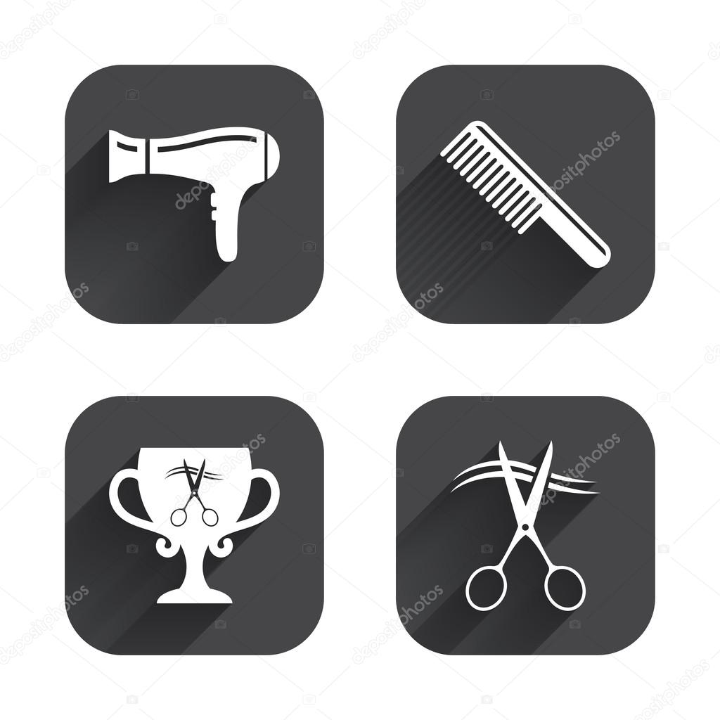 Hairdresser icons. Scissors cut hair
