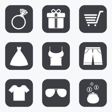 Kıyafetler, aksesuarlar simgeler. Alışveriş işaretleri.