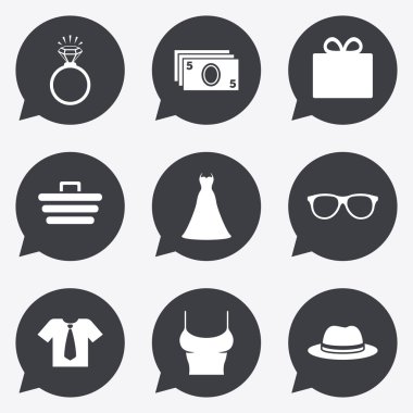 Aksesuarları, giyim simgeler. Alışveriş işaretleri.