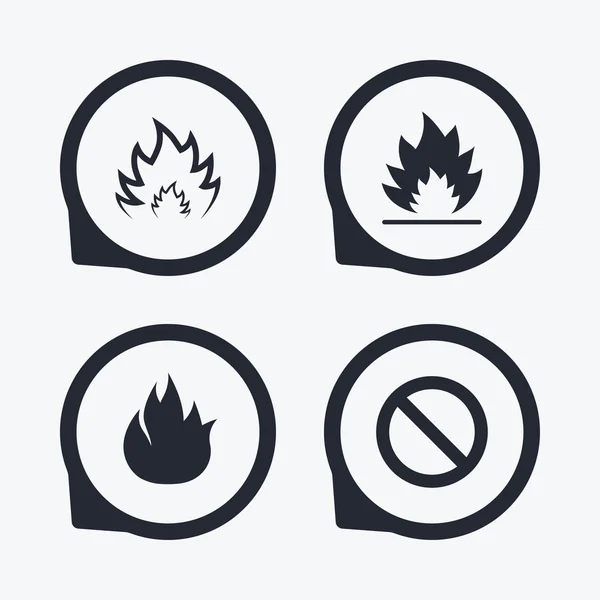 Eld flamma ikoner. förbud stop symbolen. — Stock vektor