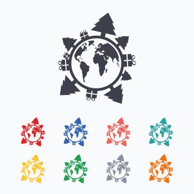 Mutlu yeni yıl dünya işareti simgesi. Hediyeler ve ağaçlar.