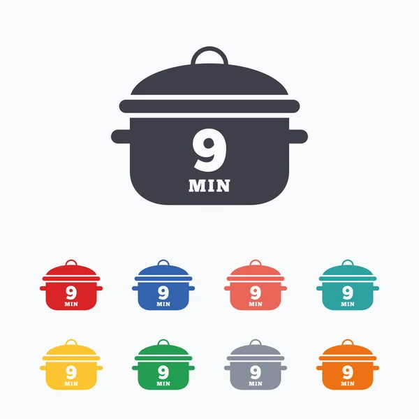 Kook 9 minuten. Koken pan teken pictogram. Stoofpot voedsel — Stockvector