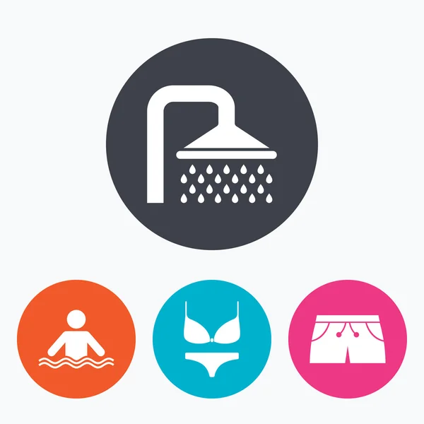 Swimming pool icons. Shower and swimwear signs. — Stock Vector