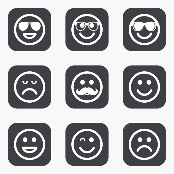 Smile icons. Sunglasses, mustache and laughing. — Stock Vector