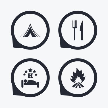 Yemek, uyku, kamp çadır ve yangın işaretleri.