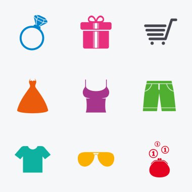Kıyafetler, aksesuarlar simgeler. Alışveriş işaretleri.