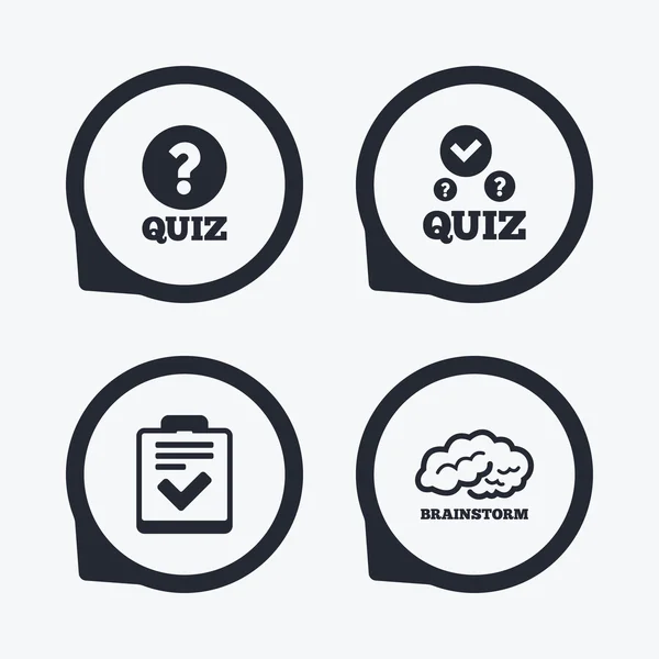 Quiz ikoner. Checklista och mänskliga hjärnan symboler. — Stock vektor