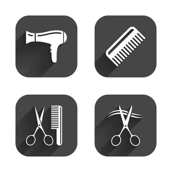 Hairdresser icons. Scissors cut hair — Stock Vector