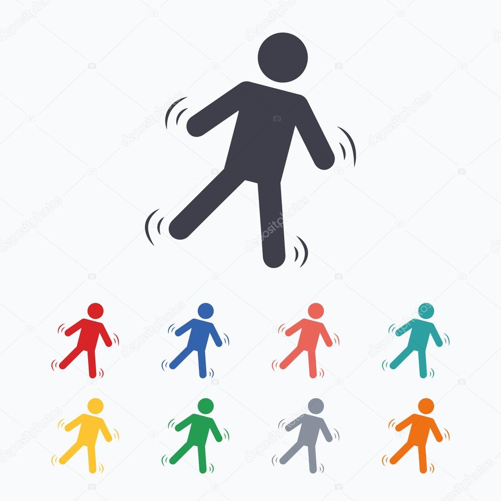 Man falls sign icon. Falling down human symbol. Caution slippery. Colored flat icons on white background.