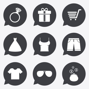 Kıyafetler, aksesuarlar simgeler. Alışveriş işaretleri.