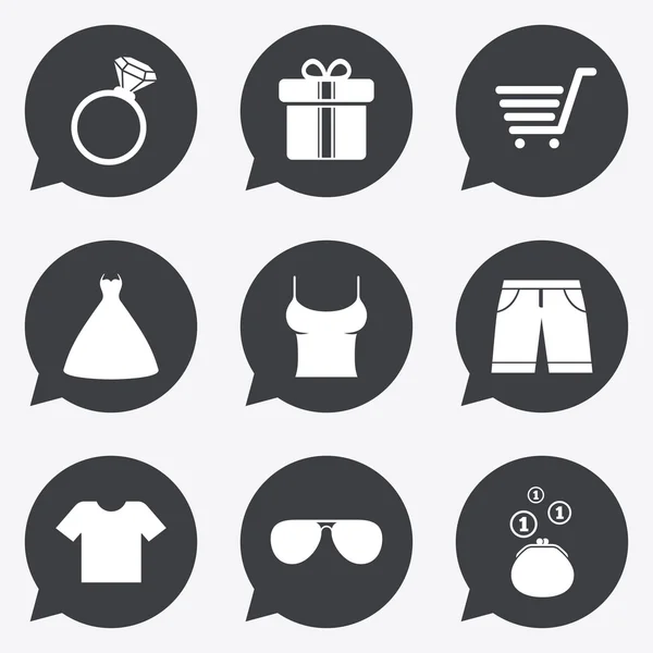 Kleding, accessoires pictogrammen. Winkelen tekenen. — Stockvector