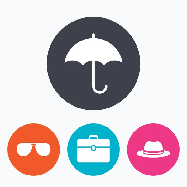 Paraply, solglasögon och hatt med fall. — Stock vektor