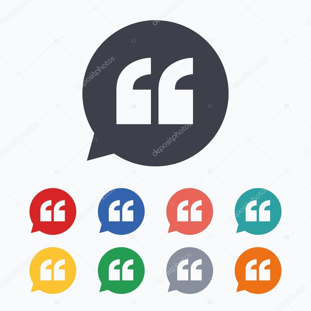 Quote sign icon. Quotation mark in speech bubble symbol. Double quotes. Colored flat icons on white background.