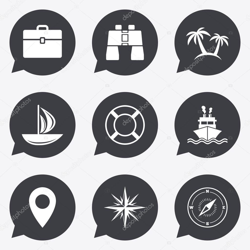 Cruise trip, ship and yacht icons.