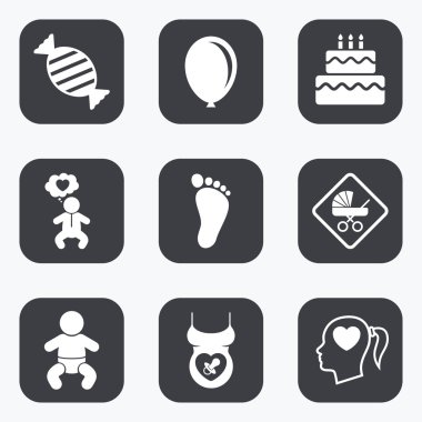 Gebelik, doğum ve bebek bakım simgeleri.