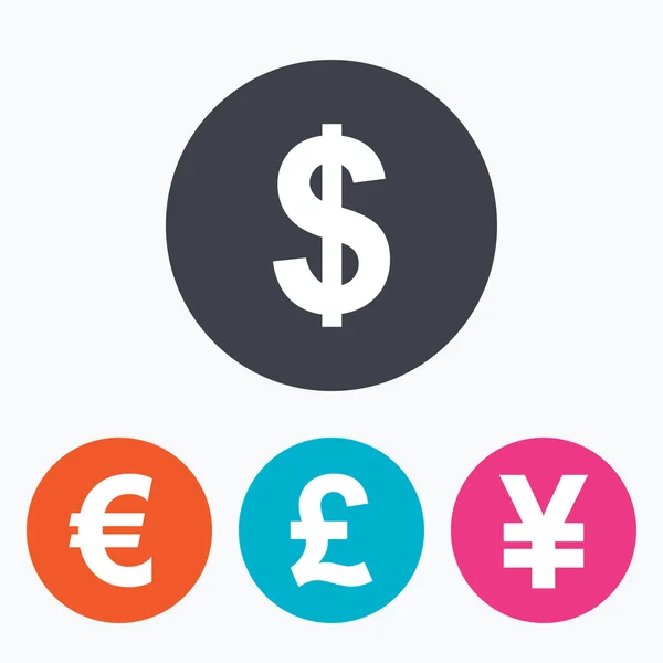 Dollar, euro, pond en yen pictogrammen. — Stockvector