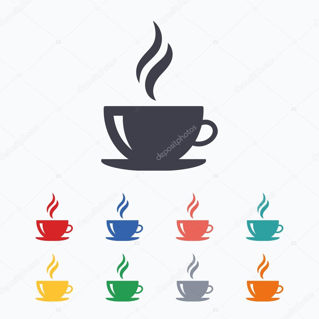 Coffee cup sign icon. Hot coffee button. Hot tea drink with steam. Colored flat icons on white background.