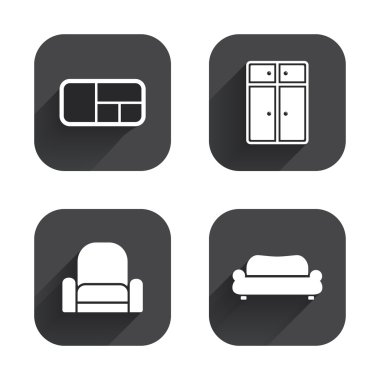 Furniture icons. Sofa, cupboard, and book