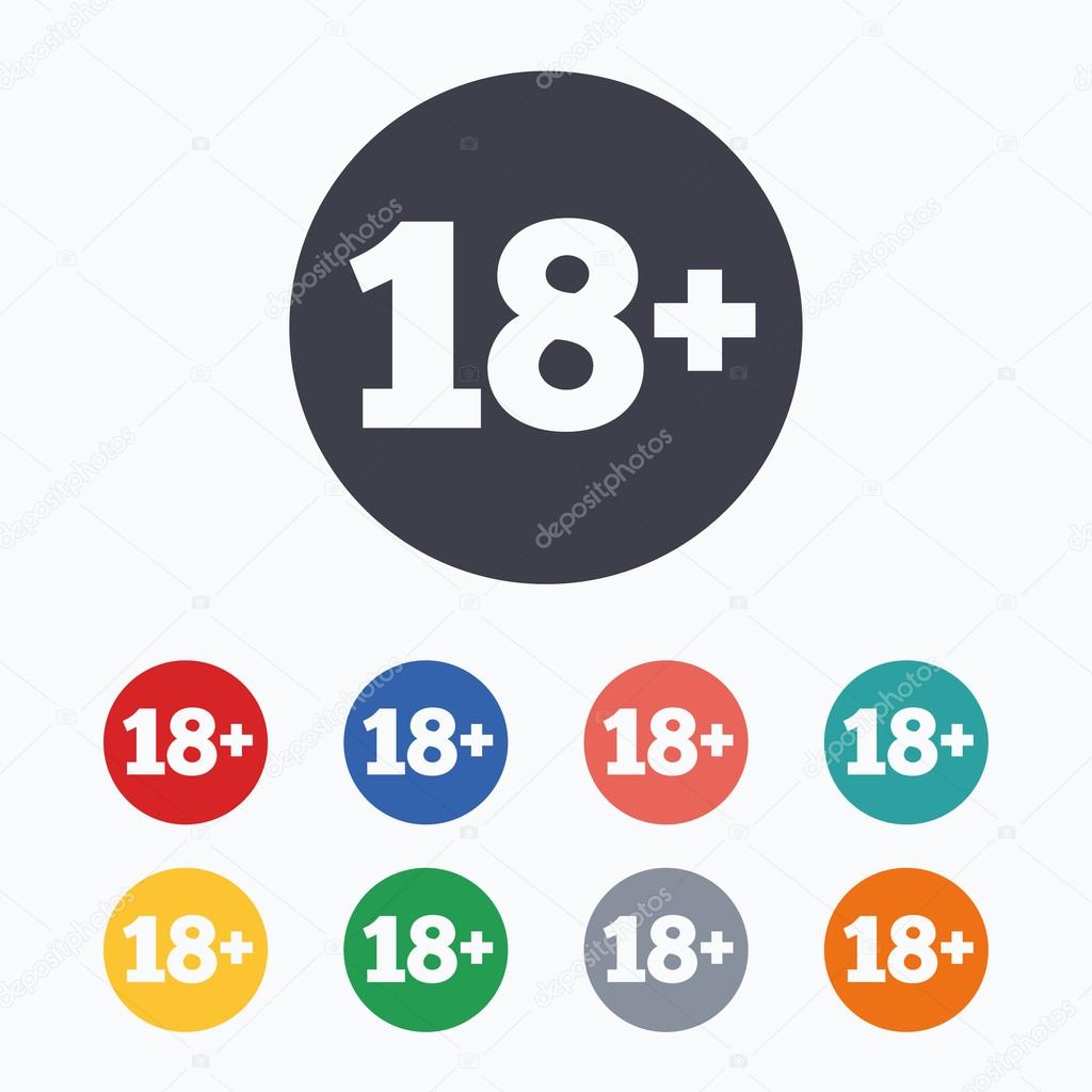 18 plus years old sign. Adults content icon. Colored flat icons on white background.