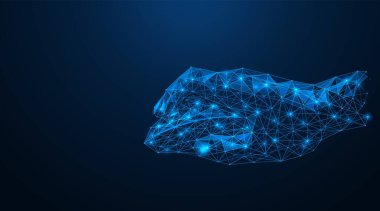 Bir bilgisayar faresiyle el ele. Birleştirilmiş çizgi ve noktaların çokgen yapısı. Mavi arkaplan.