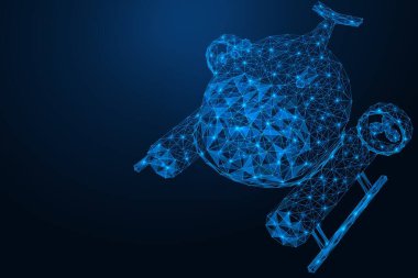 Açık deniz deniz manzarası. Su derinliklerinin araştırması. Birleştirilmiş çizgiler ve noktalardan oluşan bir denizaltının çokgen tasarımı. Mavi arkaplan.