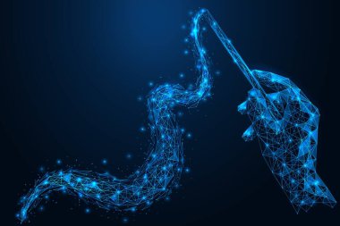 Sihirli değnek elinde. Parlak sihirli bir iz. Birleştirilmiş çizgi ve noktaların çokgen yapısı. Mavi arkaplan.