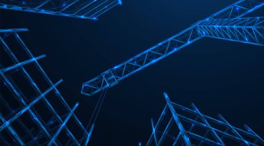 İnşaat aşamasındaki kule vinci. Mimari tasarım endüstrisi. Bir gökdelenin çerçevesi. Çokgen yapı. Mavi arkaplan.