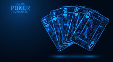 Floş Royal. Pokerde kağıt oynamanın kombinasyonu. Birleştirilmiş çizgi ve noktaların çokgen yapısı. Mavi arkaplan.