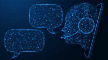 İnteraktif online asistan. Akıllı telefon ekranında sesli sanal sohbet robotu olan bir diyalog. Çizgilerin ve noktaların çokgen yapısı. Mavi arkaplan.