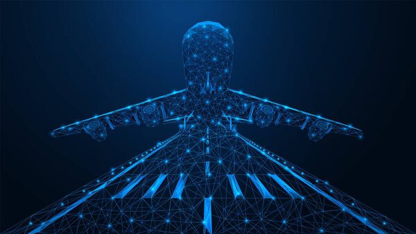 Самолет взлетает с взлетно-посадочной полосы. Низкопольная модель воздушного транспорта. Синий фон.