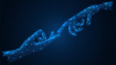 Cyborg 'un uzvu insan eline uzanıyor. Bir parça yapay zeka. Çizgilerin ve noktaların çokgen yapısı. Mavi arkaplan.