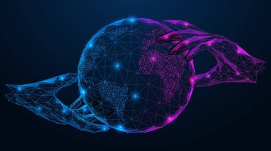 Dijital küresel yönetim. İki el tutuş ve gezegenle etkileşim. Veri yönetimi, siber alan ve küresel koordinasyon kavramı.