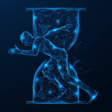 Zamana karşı bir yarış. Kum saatinin arka planında koşan bir adam zamanı ve sınırları aşma arzusunu aşmaya çalışıyor gibi görünüyor. Çizgilerin ve noktaların çokgen tasarımı, mavi arkaplan.